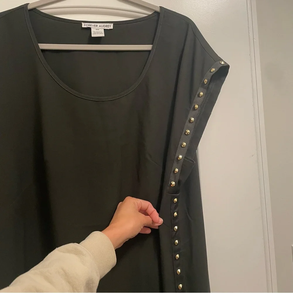 Black Midi Dress, Heavy Gold Studs, Scoop Neck, Rock n Roll, Flowy, Goth, Moto - Picture 7 of 10